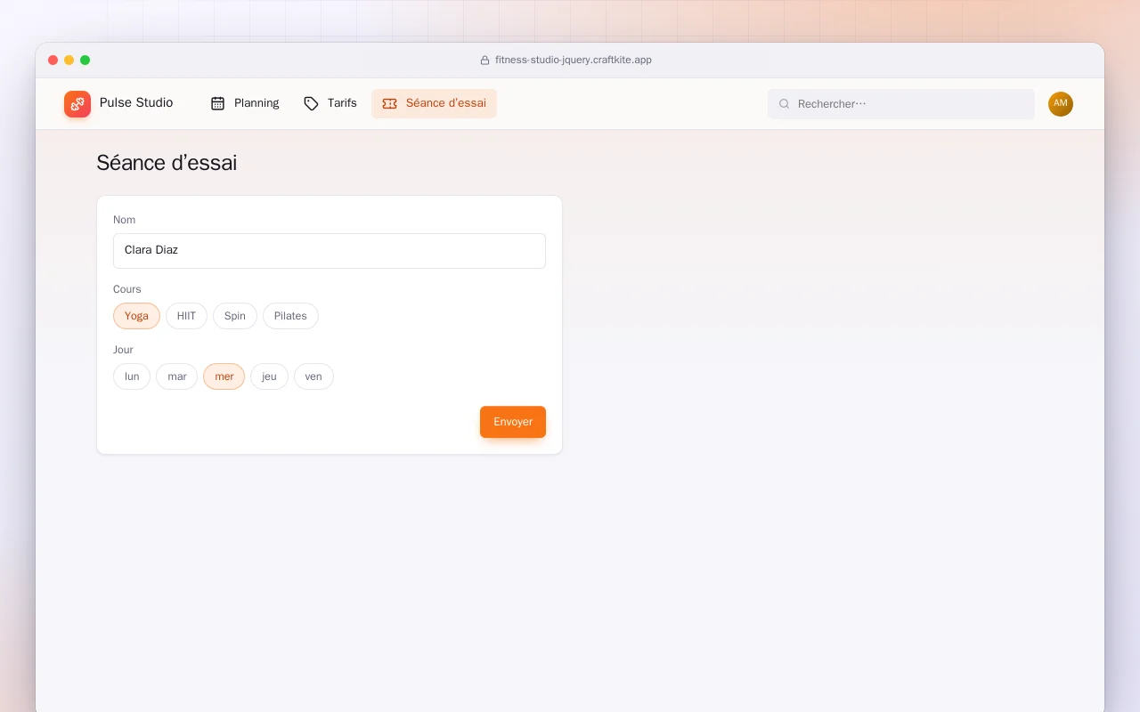Site de studio de fitness (HTML) : l’écran Séance d’essai