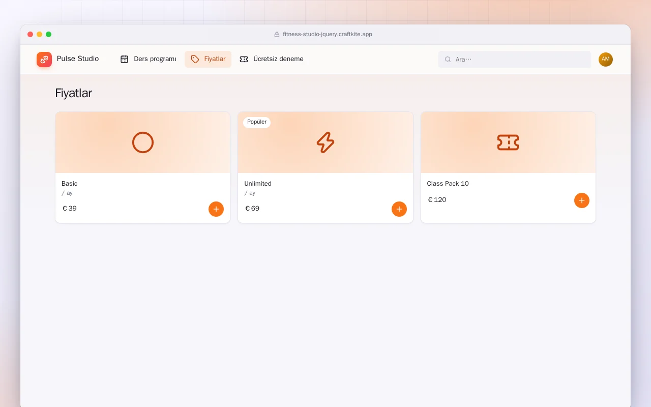Fitness Stüdyosu Sitesi (HTML): Fiyatlar ekranı