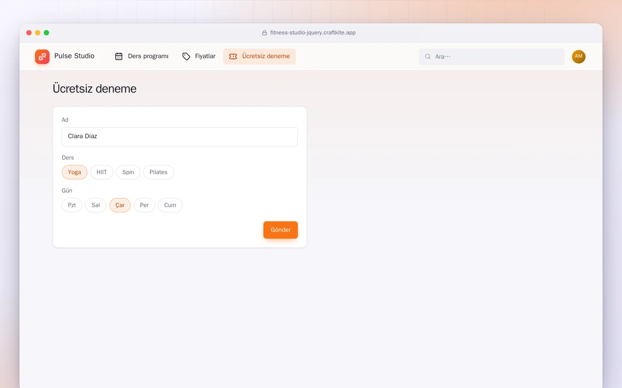 Fitness Stüdyosu Sitesi (HTML): Ücretsiz deneme ekranı