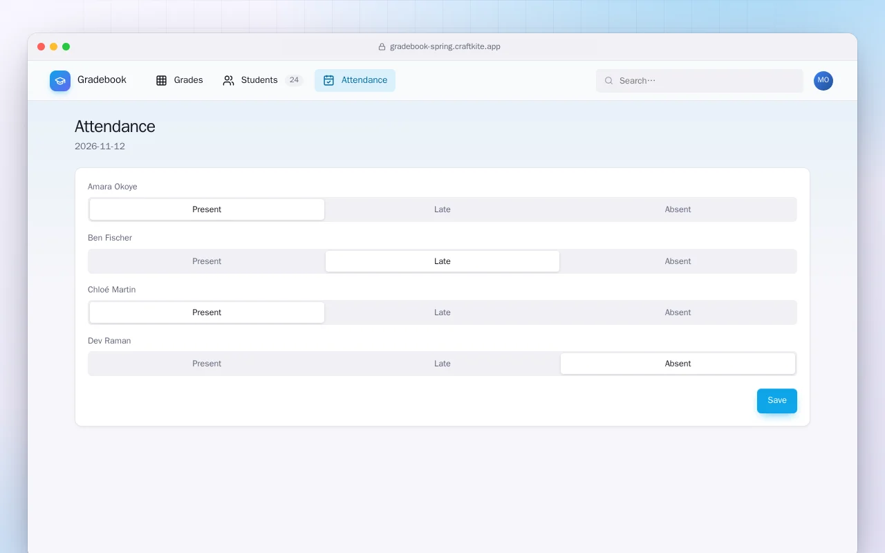 Gradebook (Spring Boot): the Attendance screen