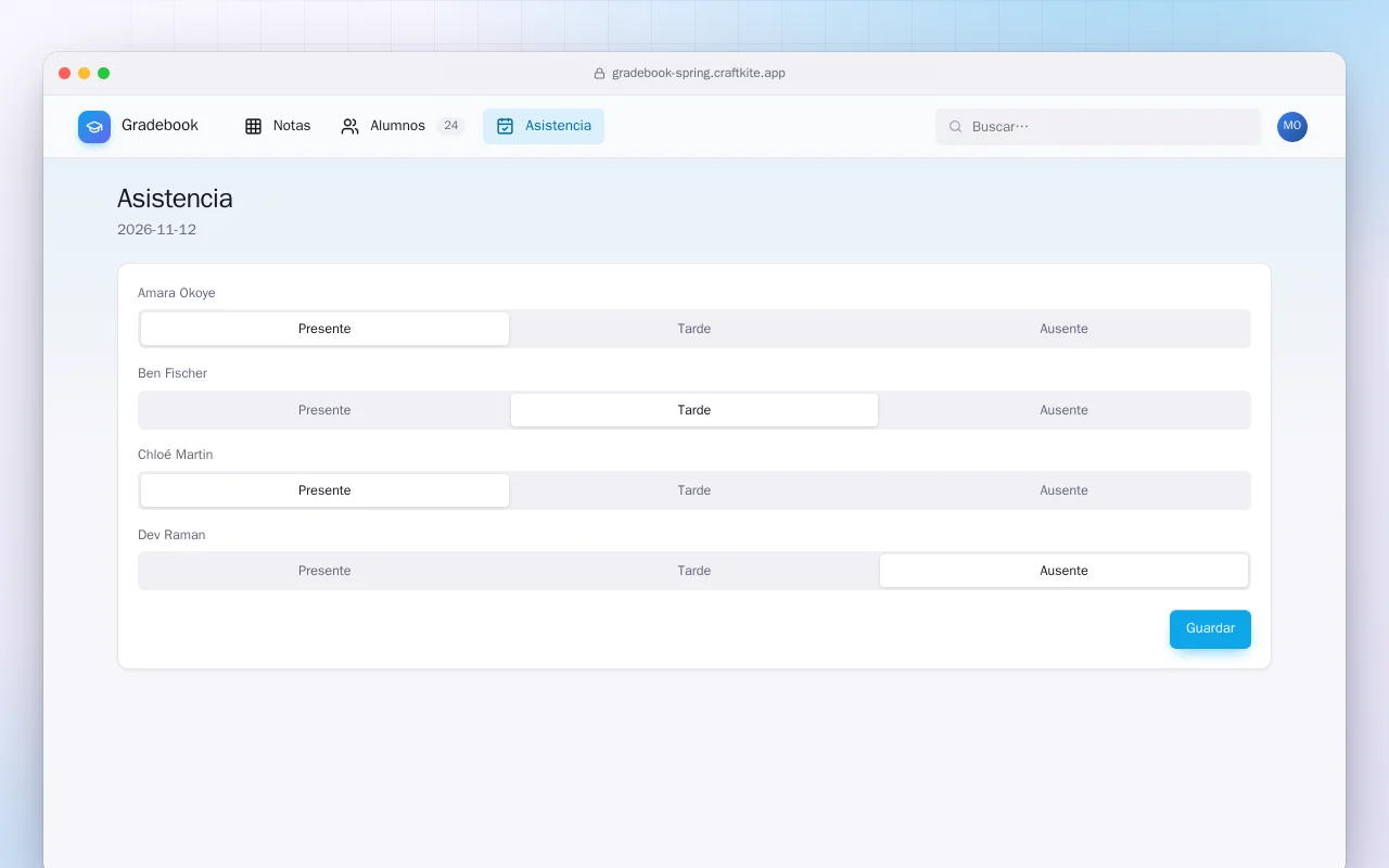 Cuaderno de notas (Spring Boot): la pantalla Asistencia
