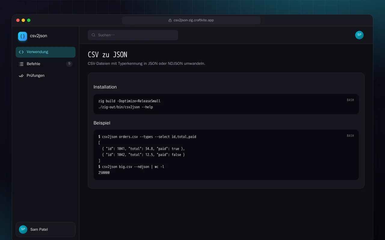 CSV zu JSON (Zig): der Bildschirm „CSV zu JSON“
