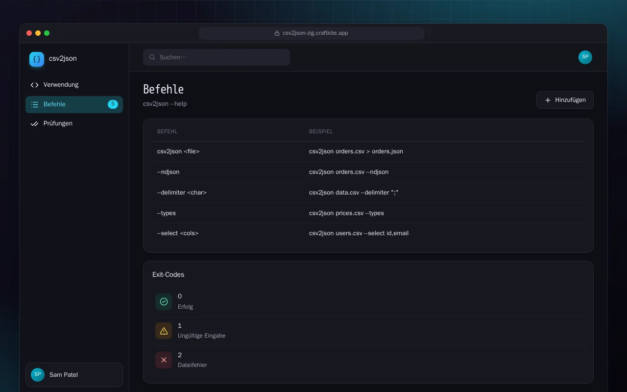 CSV zu JSON (Zig): der Bildschirm „Befehle“
