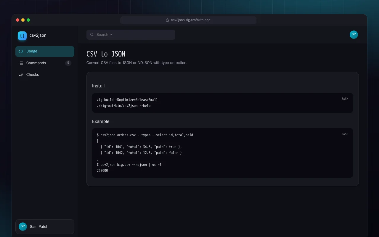 CSV to JSON (Zig): the CSV to JSON screen