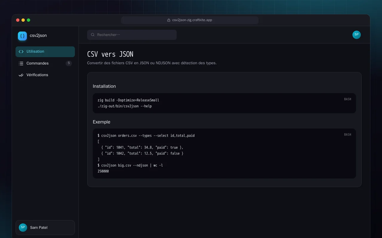 CSV vers JSON (Zig) : l’écran CSV vers JSON