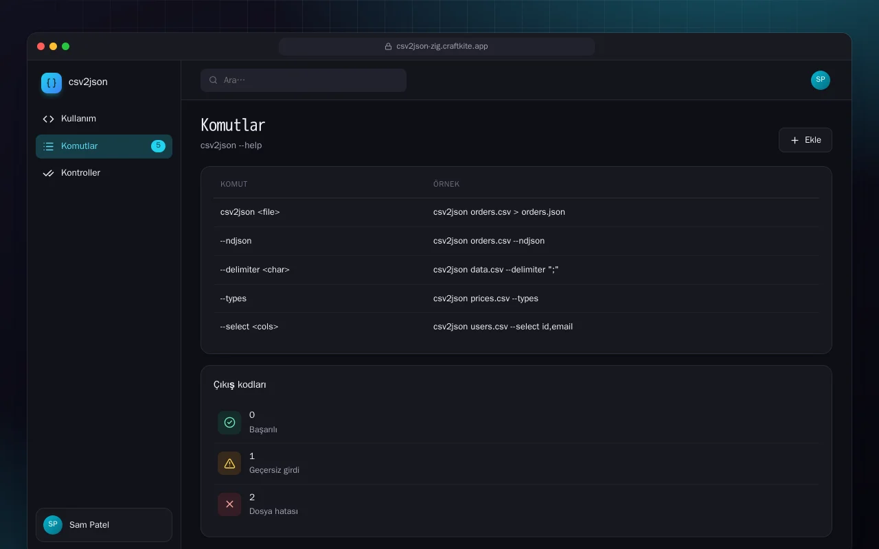 CSV’den JSON’a (Zig): Komutlar ekranı