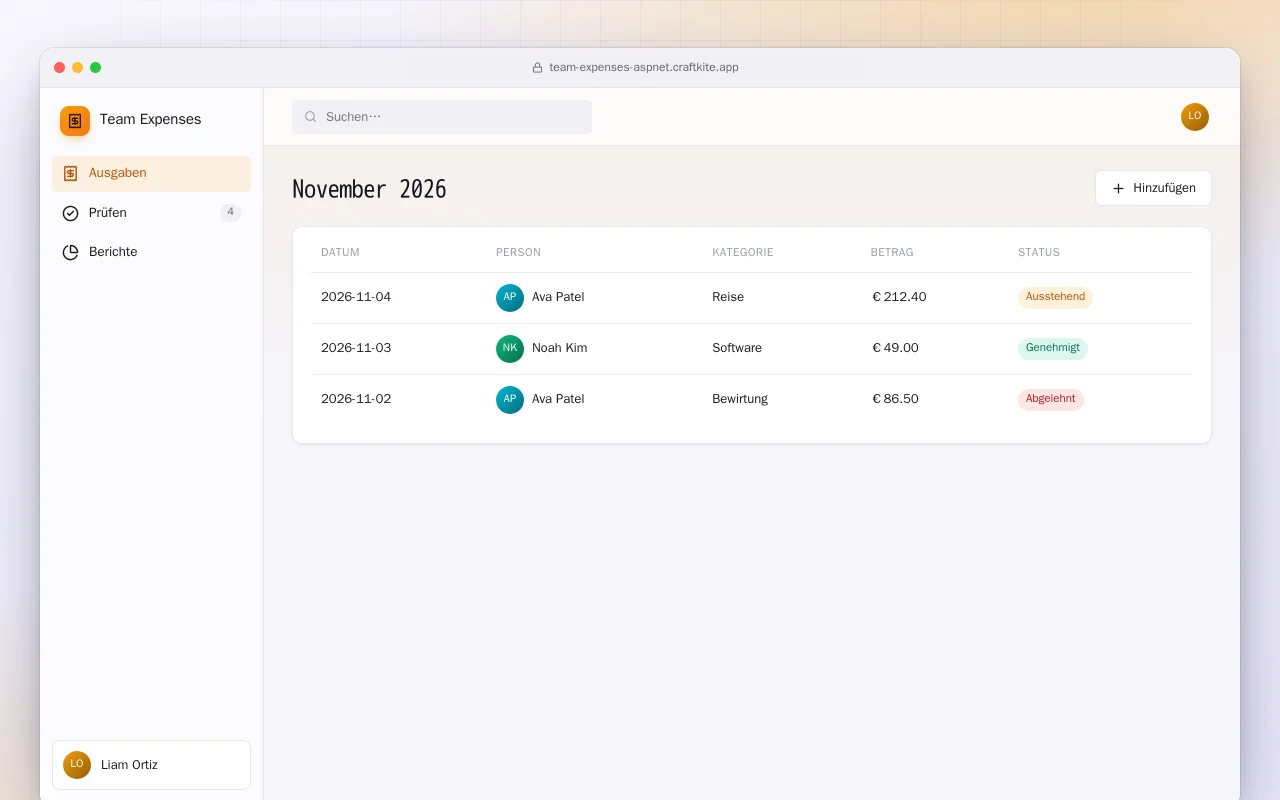 Team-Ausgaben (ASP.NET Core): der Bildschirm „November 2026“