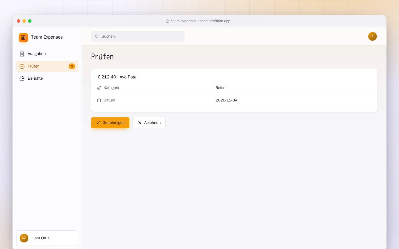 Team-Ausgaben (ASP.NET Core): der Bildschirm „Prüfen“
