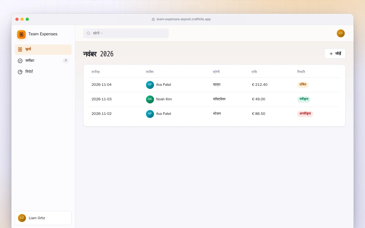 टीम खर्च (ASP.NET Core): नवंबर 2026 स्क्रीन