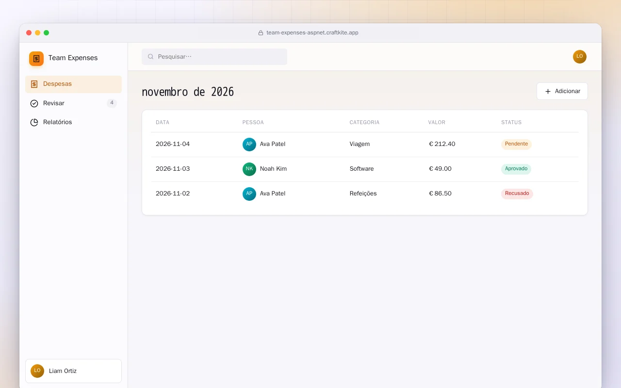 Despesas da equipe (ASP.NET Core): a tela novembro de 2026