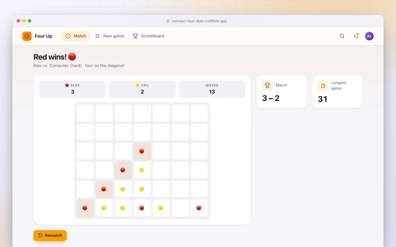 Connect four duel: the Red wins! 🔴 screen