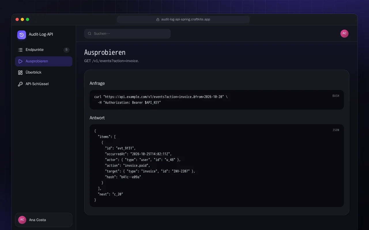 Audit-Log-API (Spring Boot): der Bildschirm „Ausprobieren“