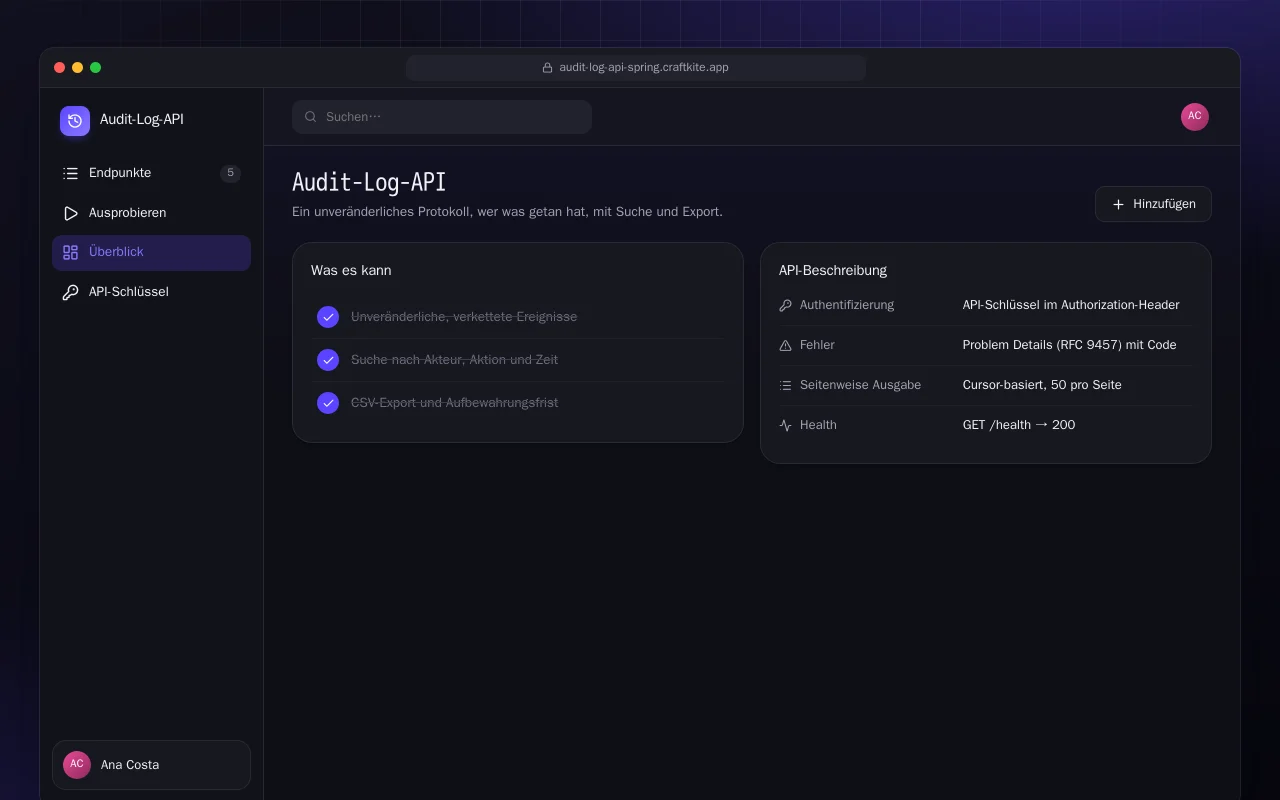 Audit-Log-API (Spring Boot): der Bildschirm „Audit-Log-API“