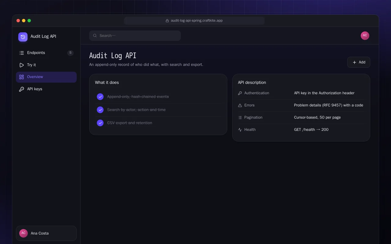 Audit Log API (Spring Boot): the Audit Log API screen