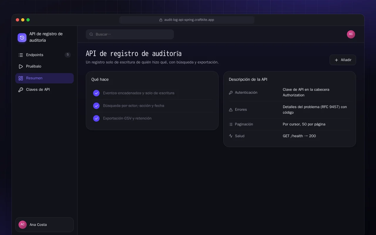 API de registro de auditoría (Spring Boot): la pantalla API de registro de auditoría