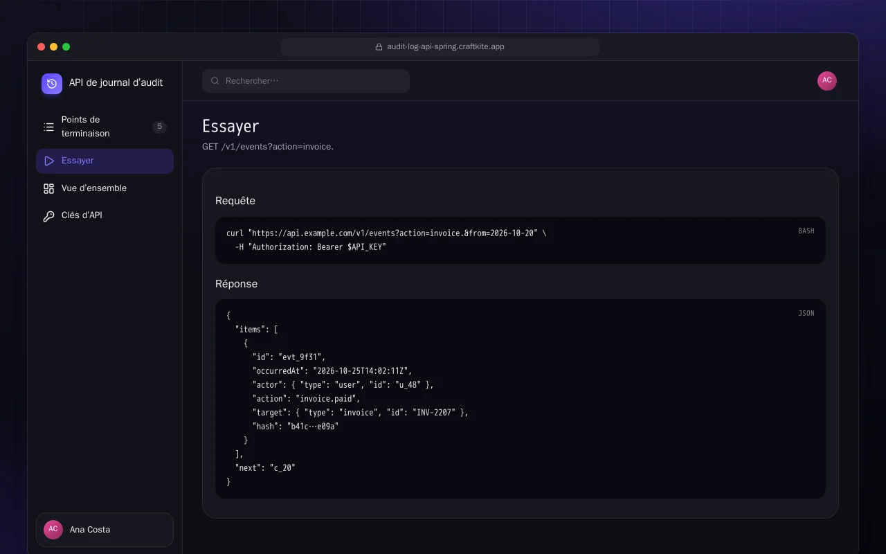 API de journal d’audit (Spring Boot) : l’écran Essayer
