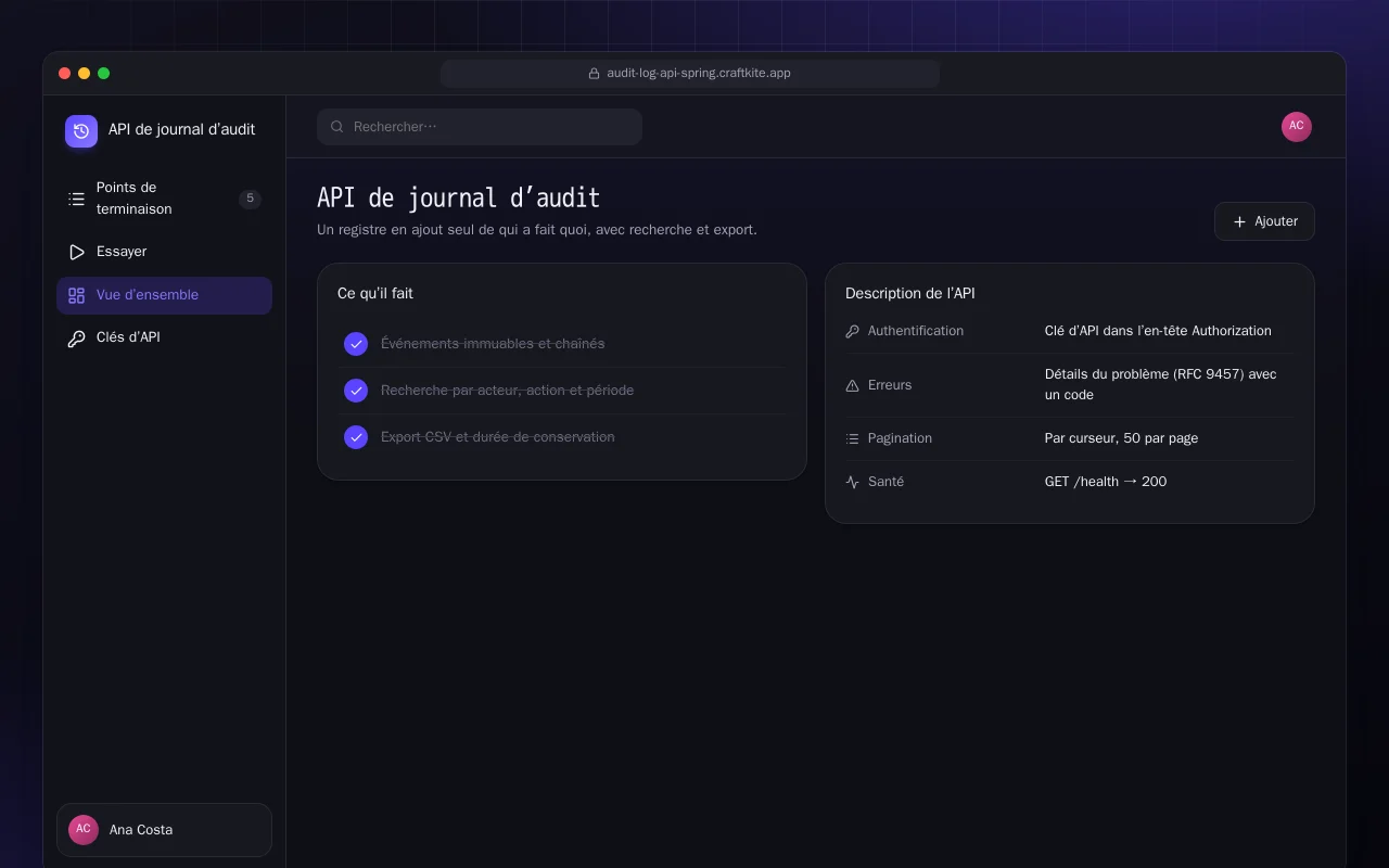 API de journal d’audit (Spring Boot) : l’écran API de journal d’audit