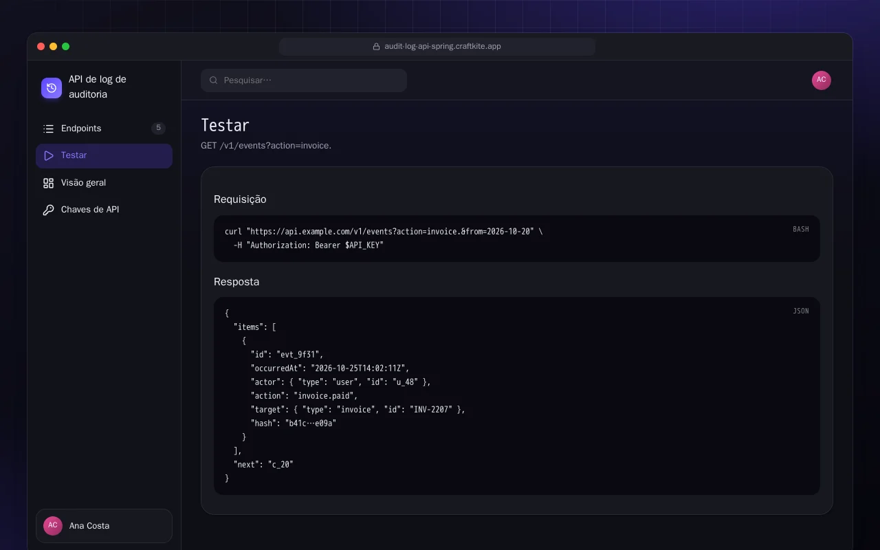 API de log de auditoria (Spring Boot): a tela Testar