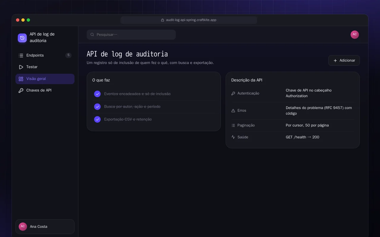 API de log de auditoria (Spring Boot): a tela API de log de auditoria