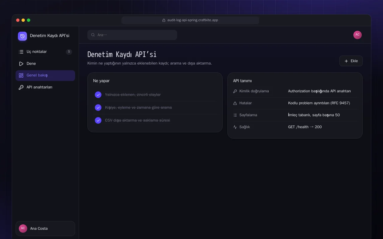 Denetim Kaydı API’si (Spring Boot): Denetim Kaydı API’si ekranı