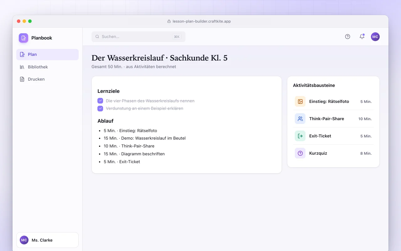 Unterrichtsplan-Ersteller: der Bildschirm „Der Wasserkreislauf · Sachkunde Kl. 5“
