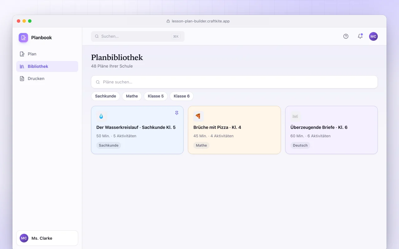 Unterrichtsplan-Ersteller: der Bildschirm „Planbibliothek“