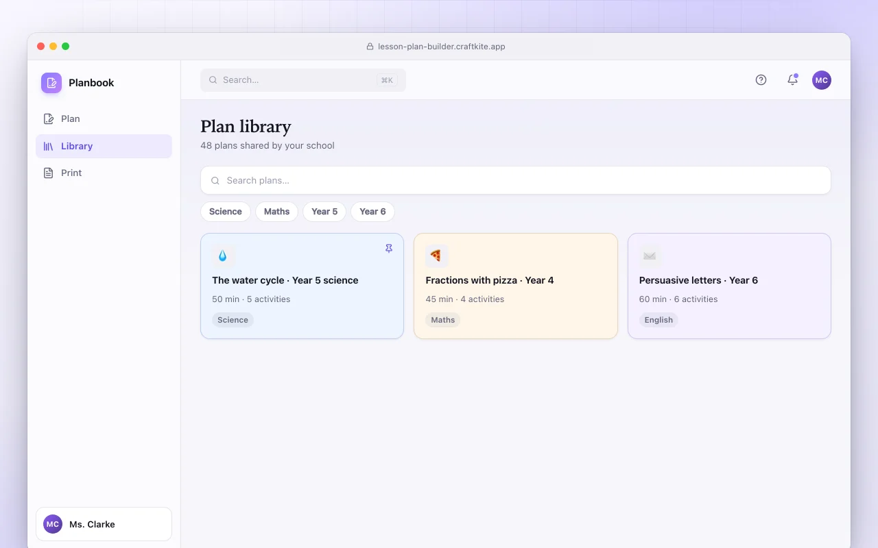 Lesson plan builder: the Plan library screen