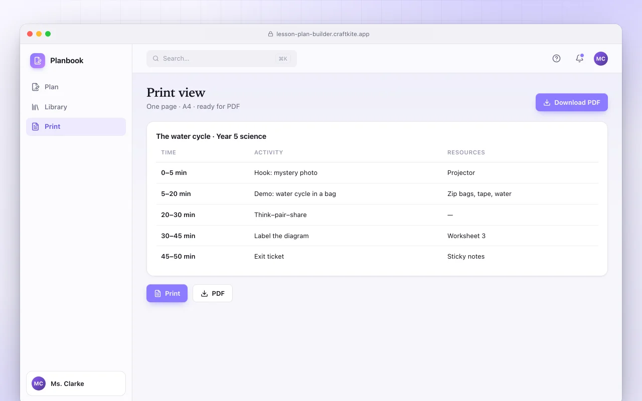 Lesson plan builder: the Print view screen