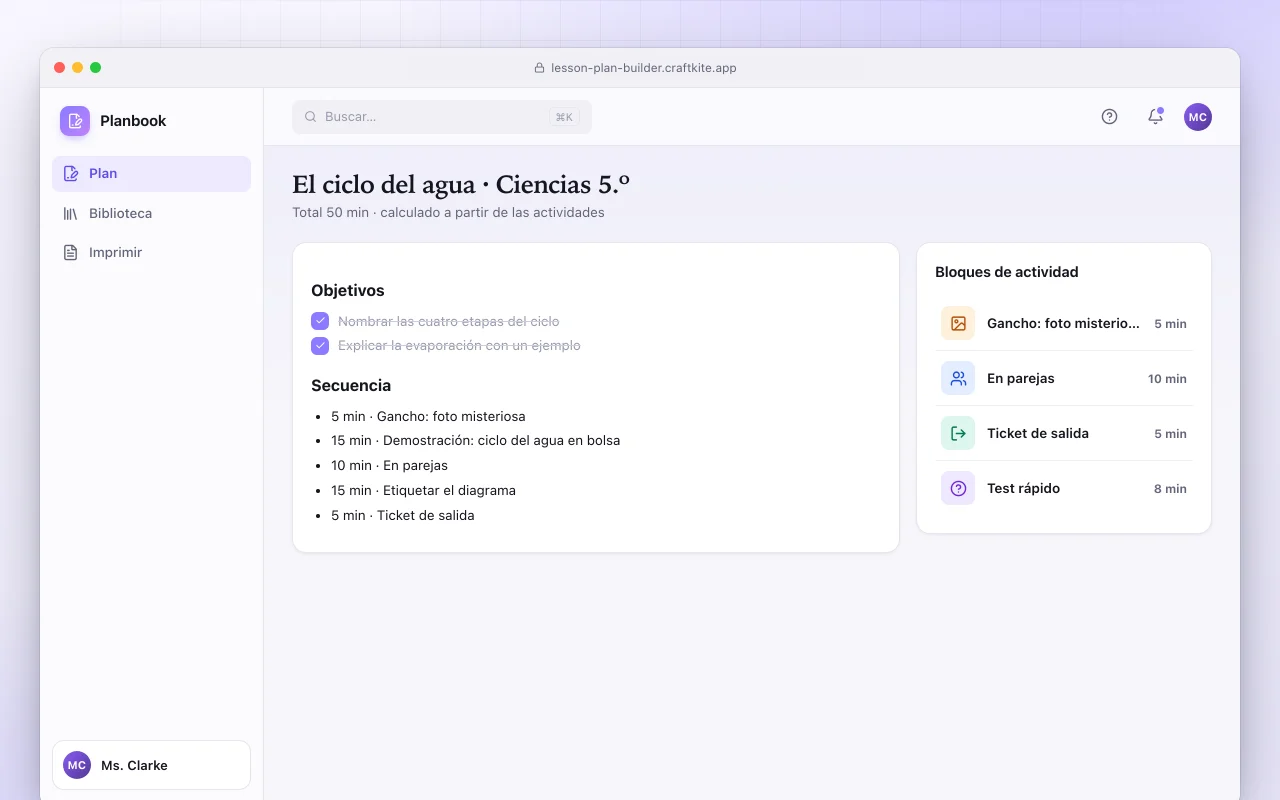 Creador de planes de clase: la pantalla El ciclo del agua · Ciencias 5.º