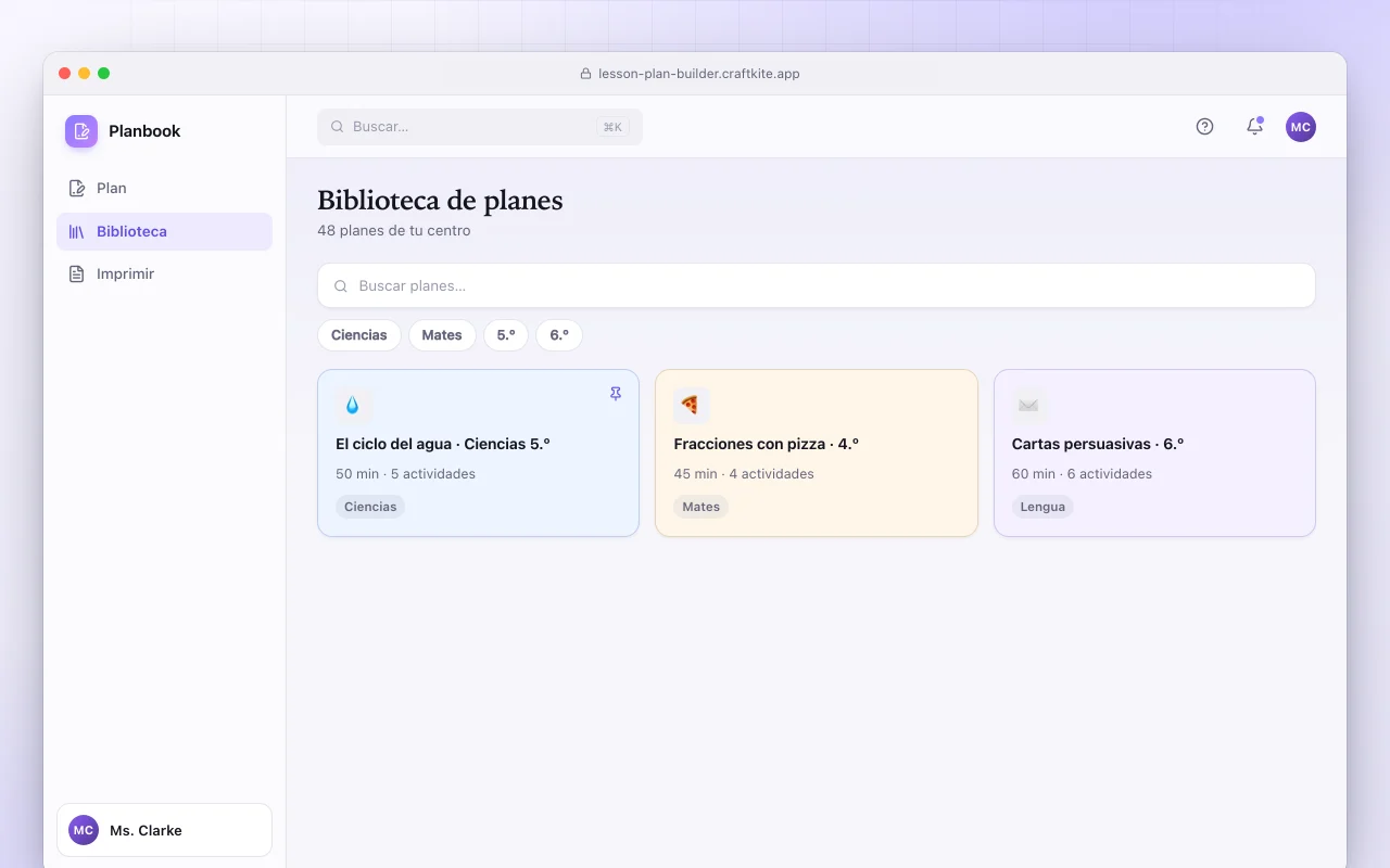 Creador de planes de clase: la pantalla Biblioteca de planes