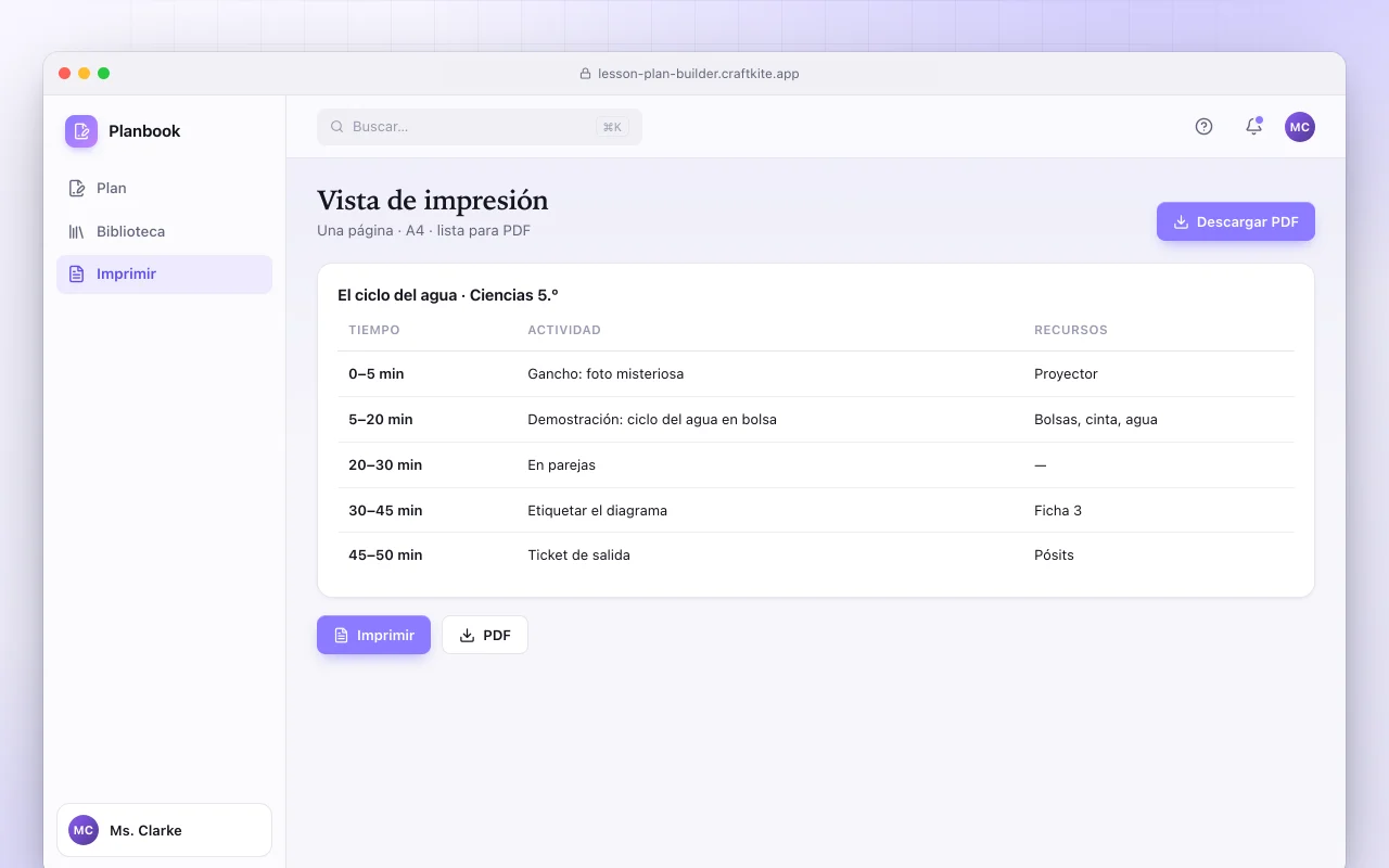 Creador de planes de clase: la pantalla Vista de impresión