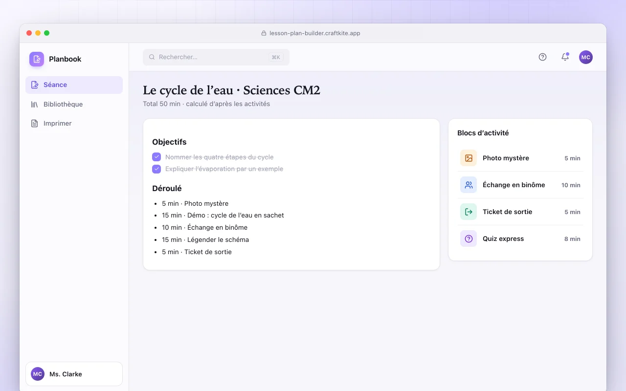 Créateur de plans de cours : l’écran Le cycle de l’eau · Sciences CM2