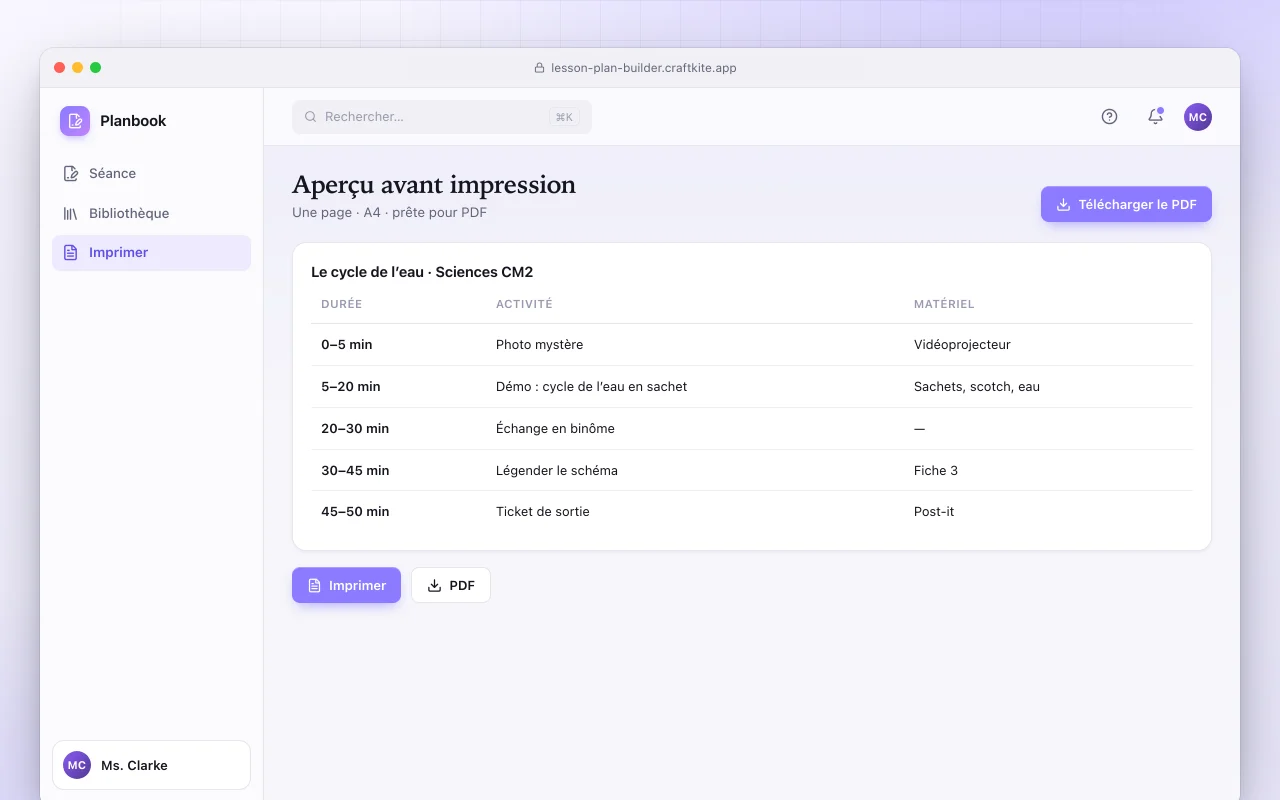 Créateur de plans de cours : l’écran Aperçu avant impression