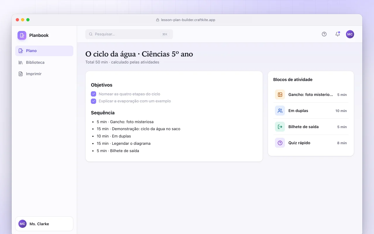 Criador de planos de aula: a tela O ciclo da água · Ciências 5º ano