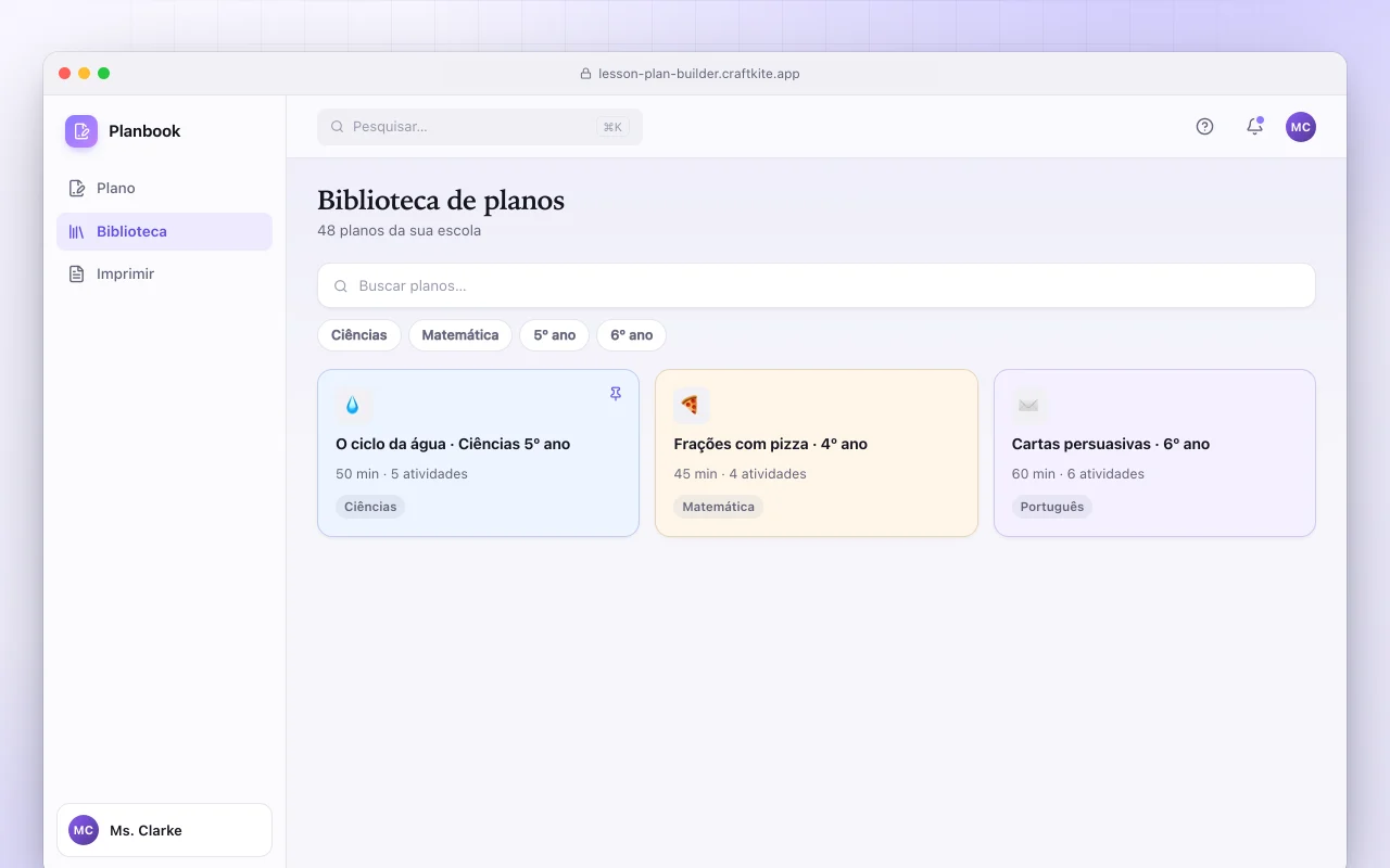 Criador de planos de aula: a tela Biblioteca de planos