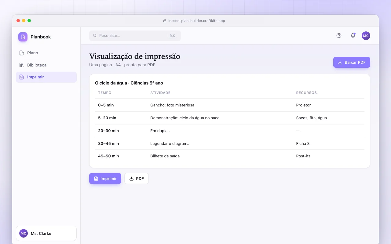 Criador de planos de aula: a tela Visualização de impressão