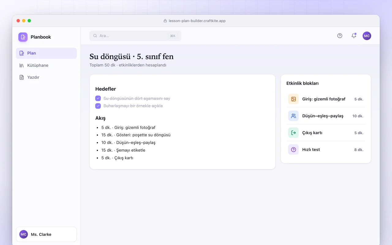 Ders planı hazırlayıcı: Su döngüsü · 5. sınıf fen ekranı