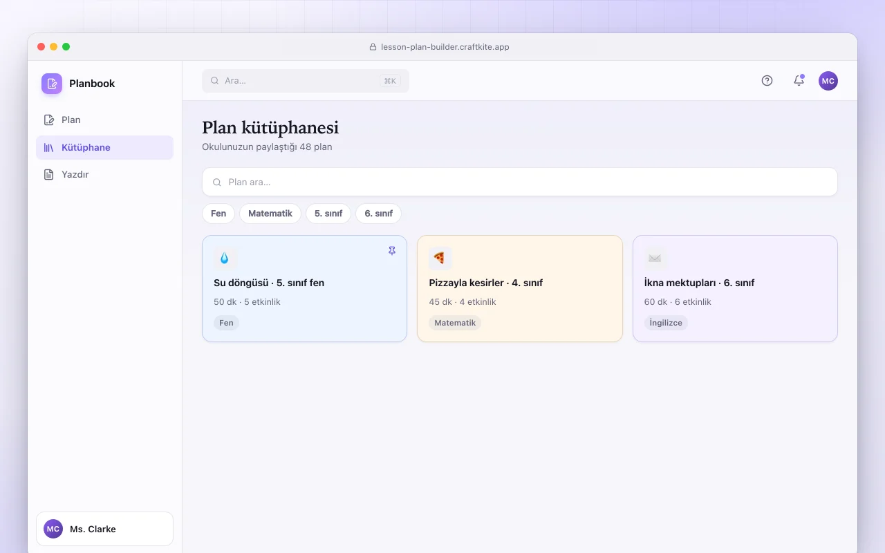Ders planı hazırlayıcı: Plan kütüphanesi ekranı