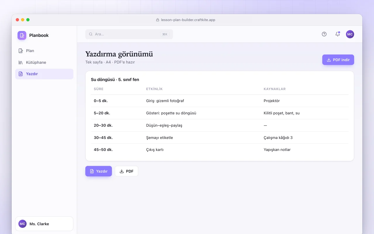 Ders planı hazırlayıcı: Yazdırma görünümü ekranı