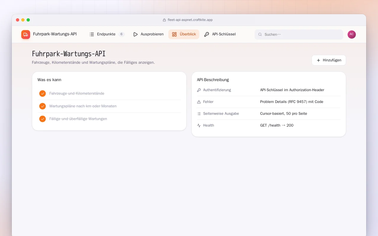 Fuhrpark-Wartungs-API (ASP.NET Core): der Bildschirm „Fuhrpark-Wartungs-API“