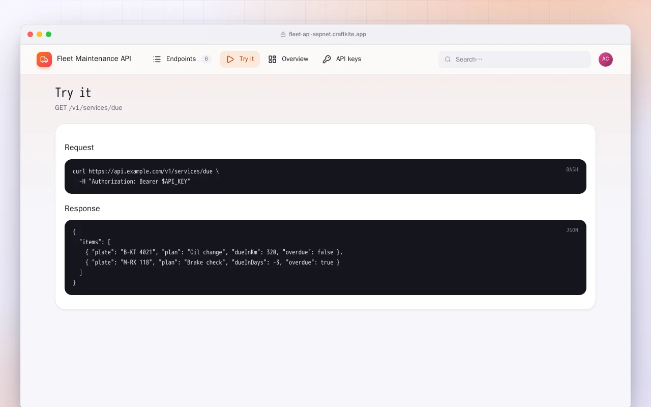 Fleet Maintenance API (ASP.NET Core): the Try it screen