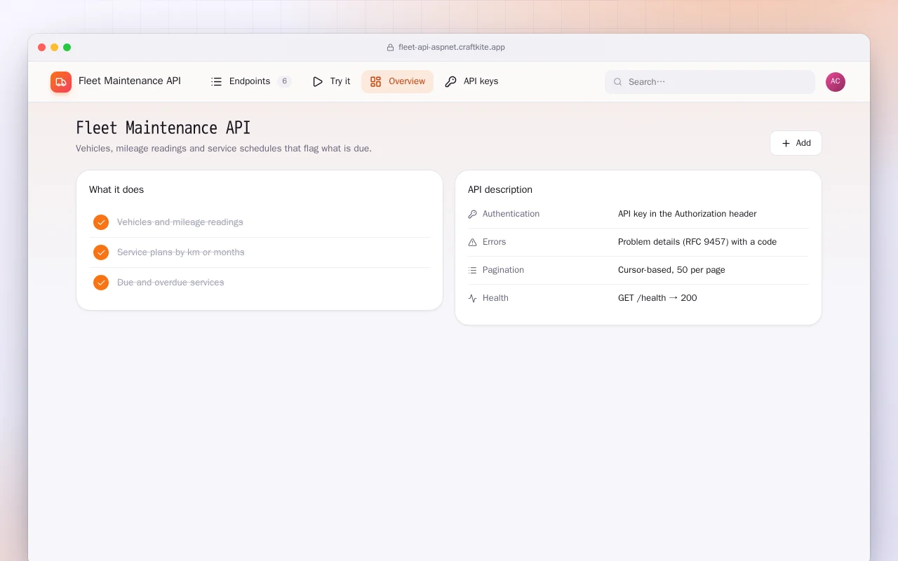Fleet Maintenance API (ASP.NET Core): the Fleet Maintenance API screen
