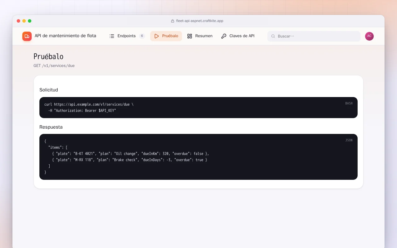 API de mantenimiento de flota (ASP.NET Core): la pantalla Pruébalo