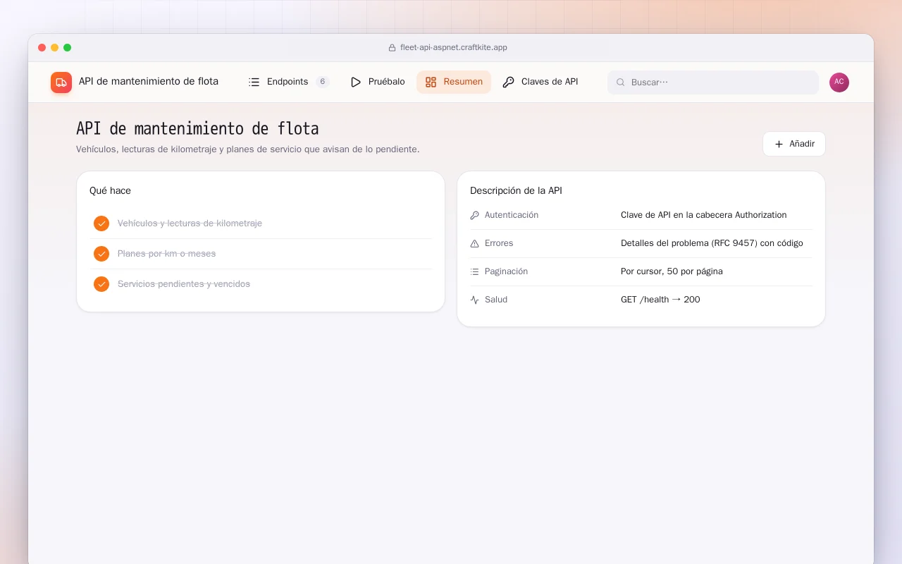 API de mantenimiento de flota (ASP.NET Core): la pantalla API de mantenimiento de flota
