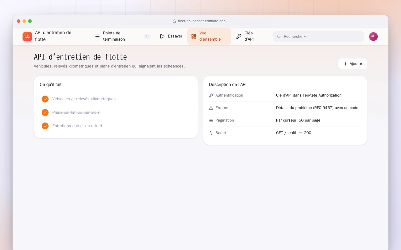 API d’entretien de flotte (ASP.NET Core) : l’écran API d’entretien de flotte