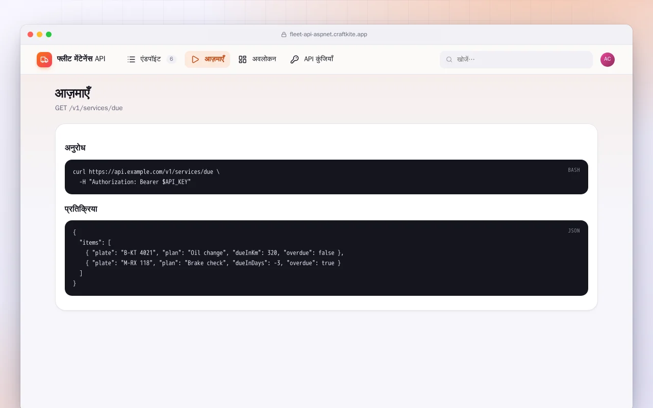 फ्लीट मेंटेनेंस API (ASP.NET Core): आज़माएँ स्क्रीन