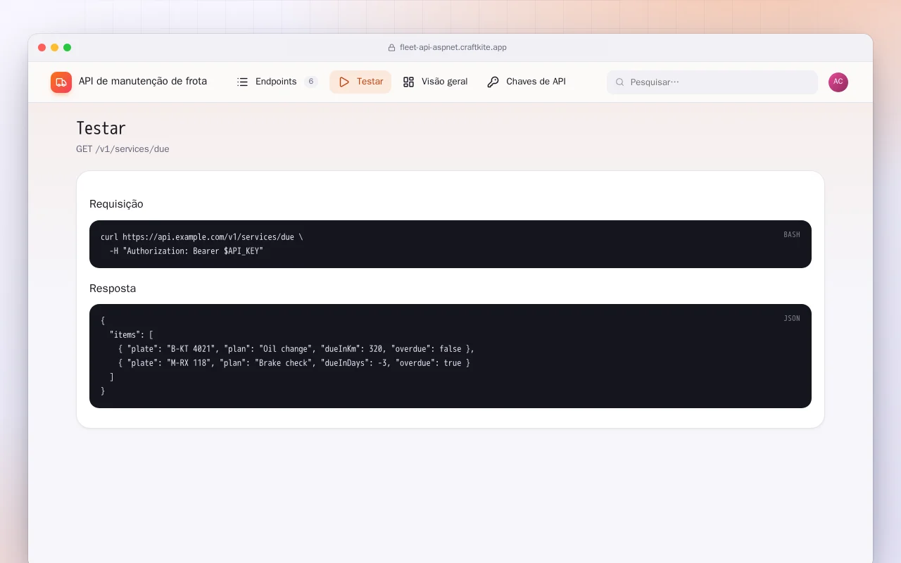 API de manutenção de frota (ASP.NET Core): a tela Testar