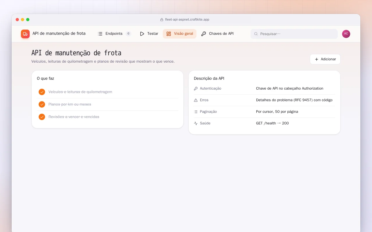 API de manutenção de frota (ASP.NET Core): a tela API de manutenção de frota