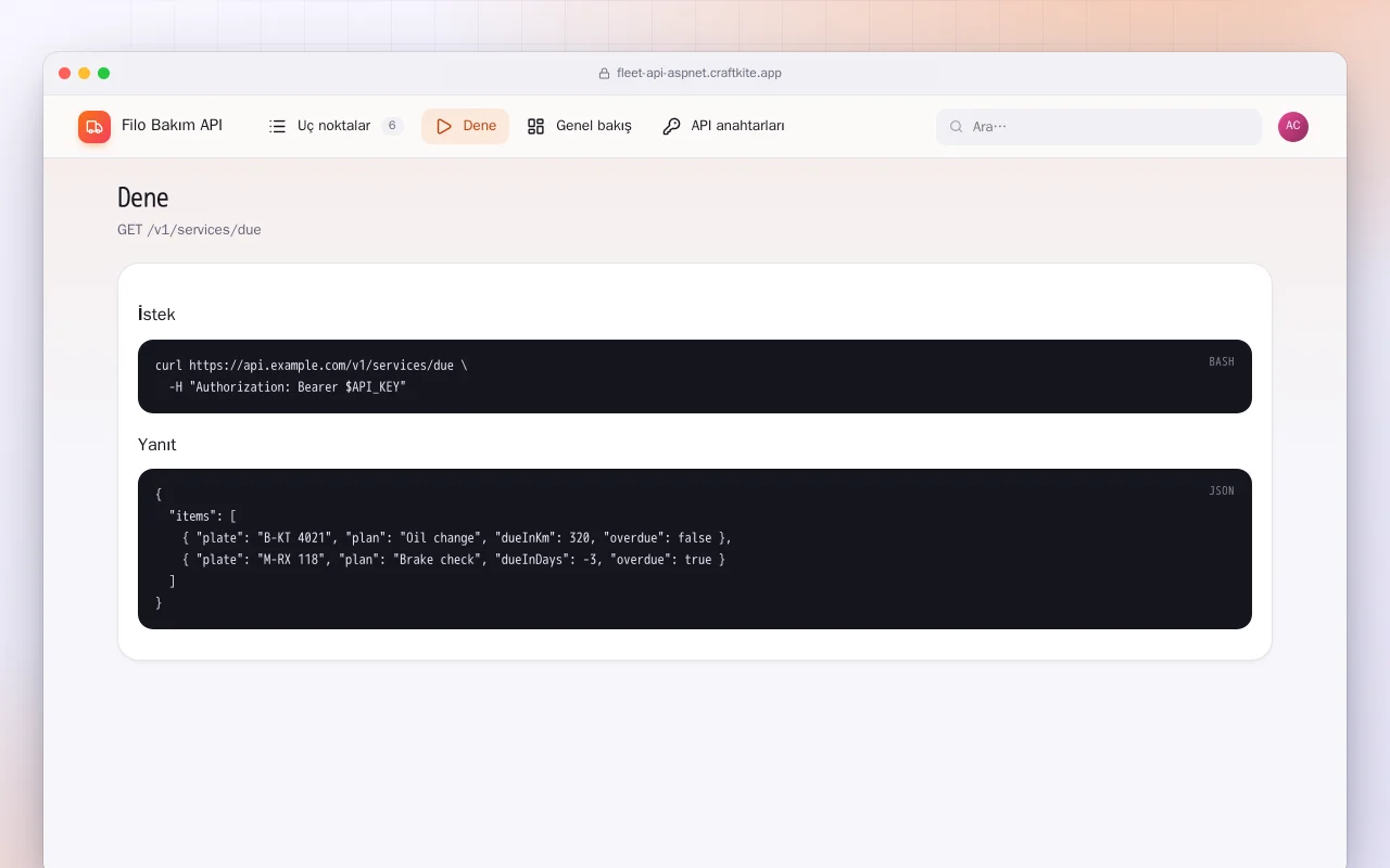 Filo Bakım API (ASP.NET Core): Dene ekranı