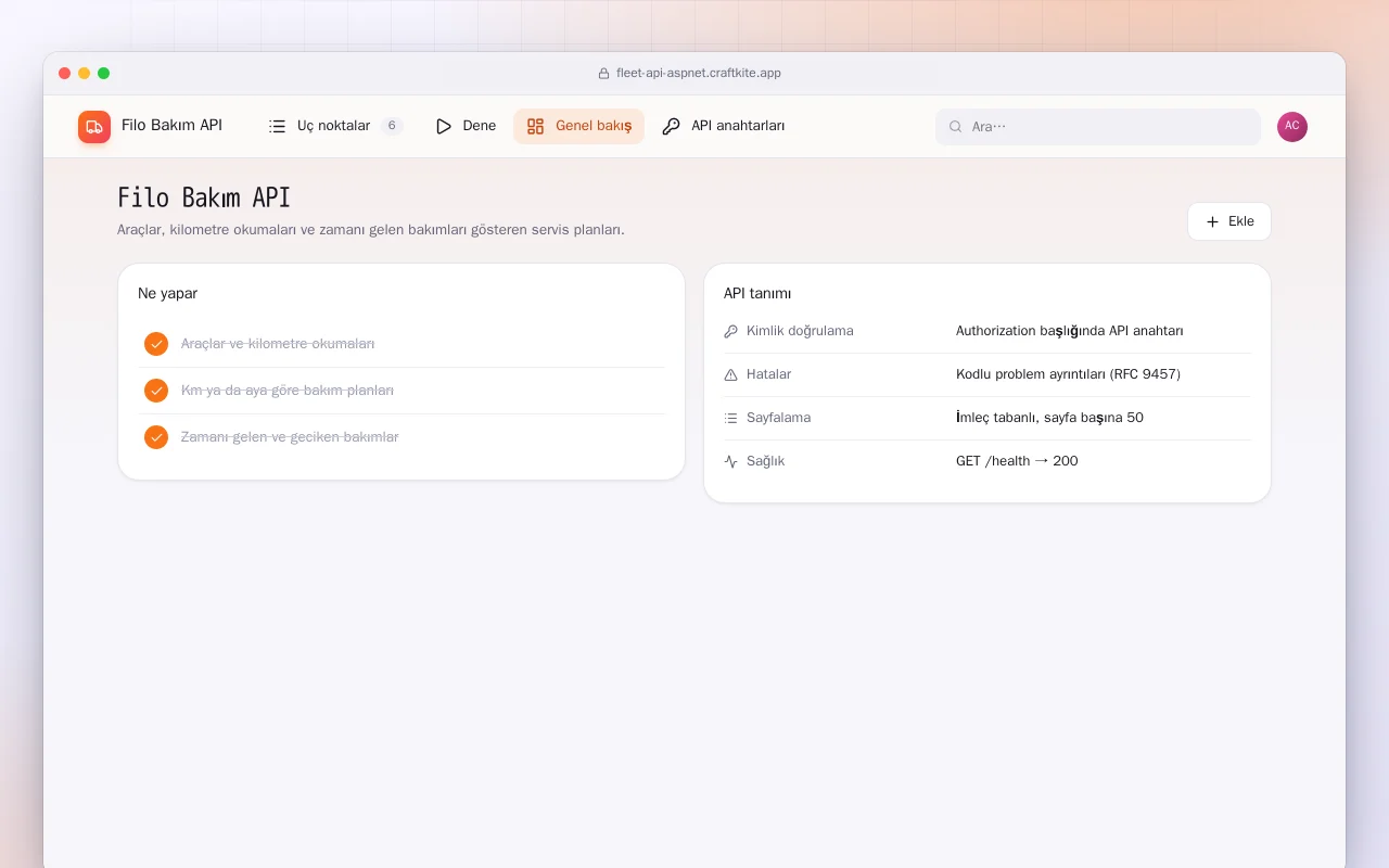 Filo Bakım API (ASP.NET Core): Filo Bakım API ekranı